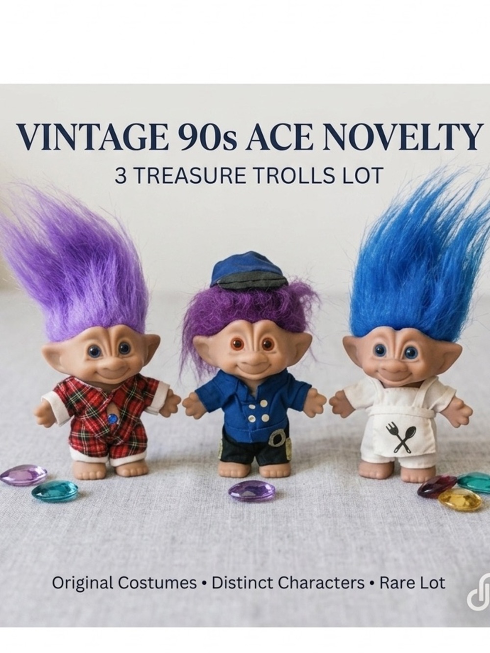 Vintage 90s Ace Novelty 3” Treasure Trolls Lot Jewel Belly Wish Stone Retro Toy